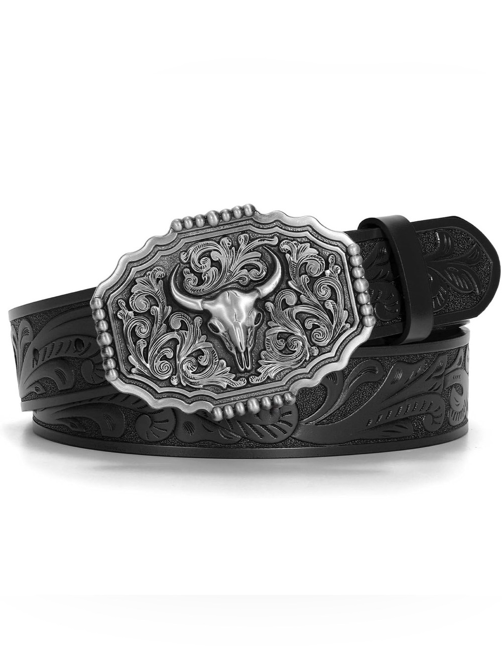 Black genuine leather embossed western belt with silver bull buckle, S, NIB